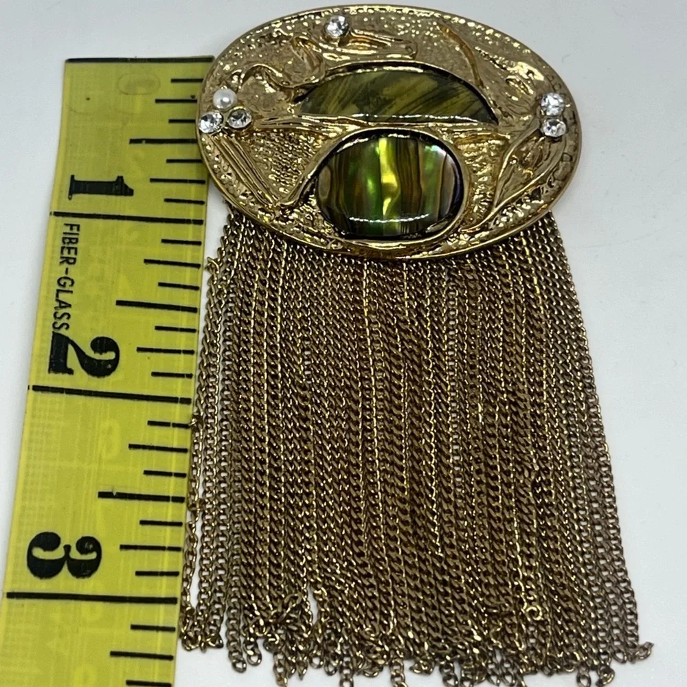 Art Deco Vintage Abalone and Brass Waterfall Jewelry Brooch w/ Gold Chain Fringe